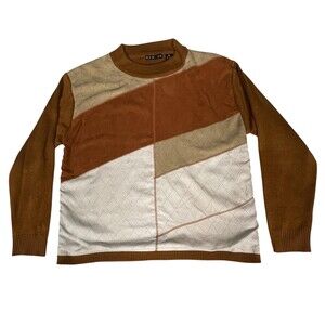 New Gen Sweater Mens XL Brown Colorblock Faux Suede Geometric Pullover Retro